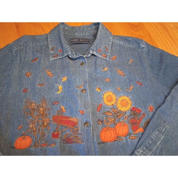 Vintage Karen Scott Denim Button Up Top Womens 1X Autumn Fall Embroidered Shirt - Picture 3 of 16